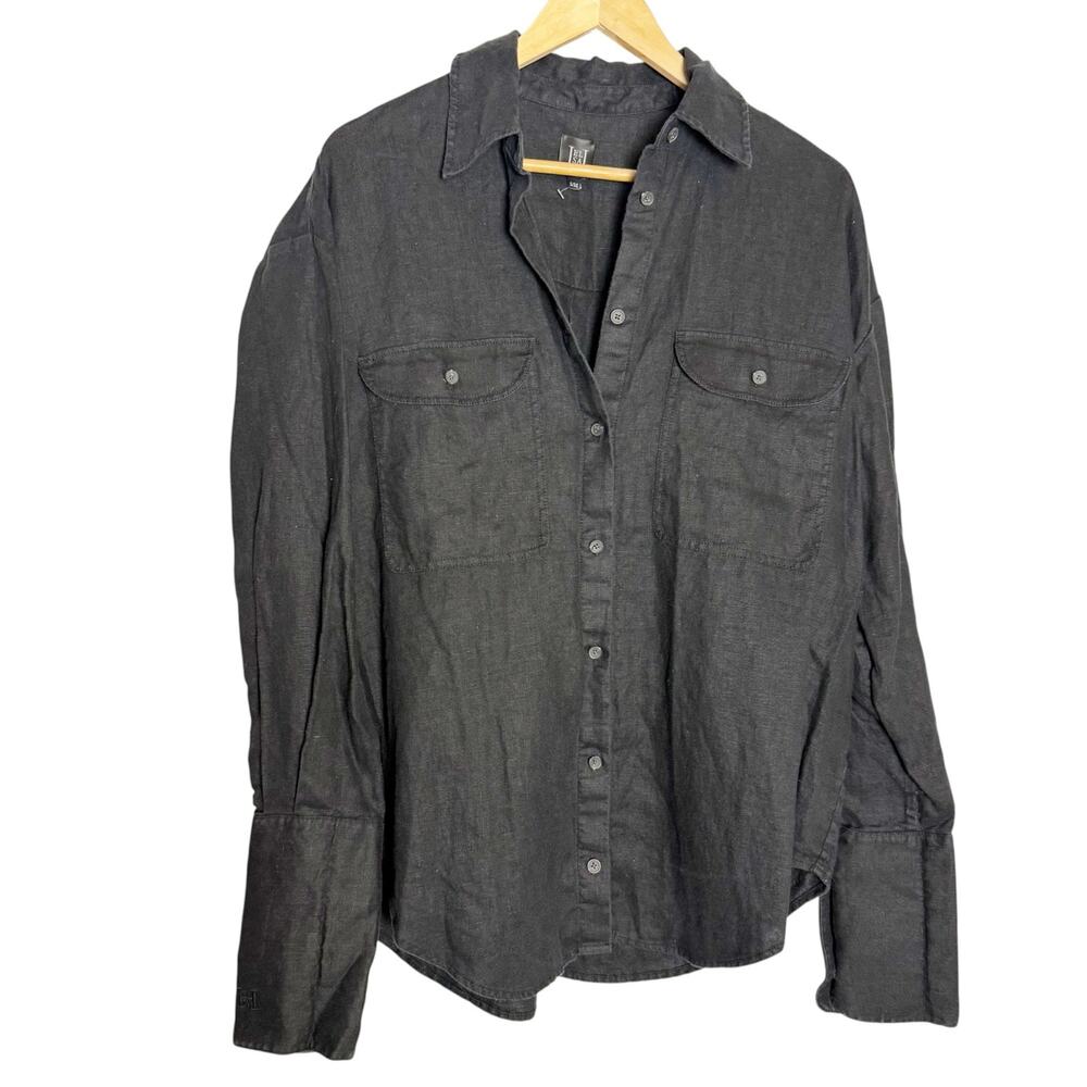 Helsa Revolve Black Washed Linen Long Sleeve Oversized Button Up Shirt Size M - Picture 4 of 10